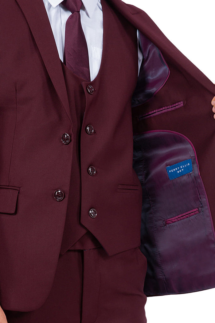 "Burgundy Perry Ellis Boy's Wedding Vested Suit"