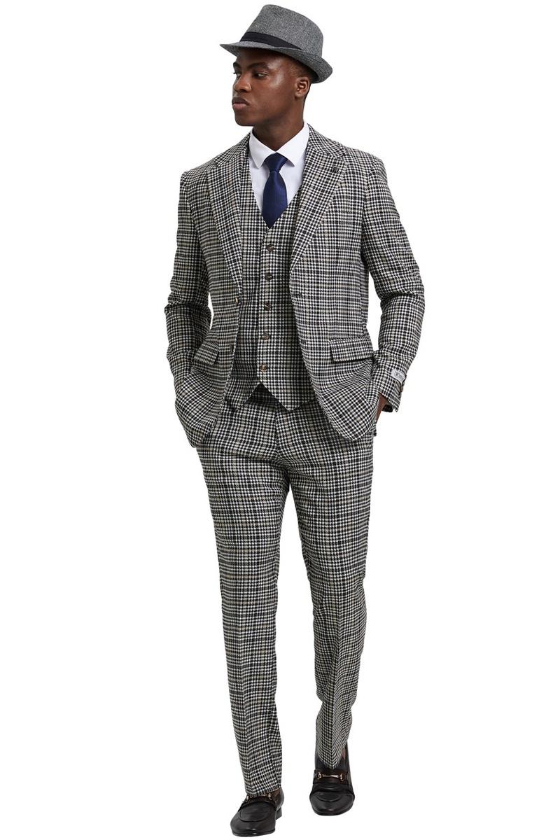 Men's Stacy Adams Vested Modern Fit Houndstooth Glen Plaid Suit in Grey & Green - 38 Regular