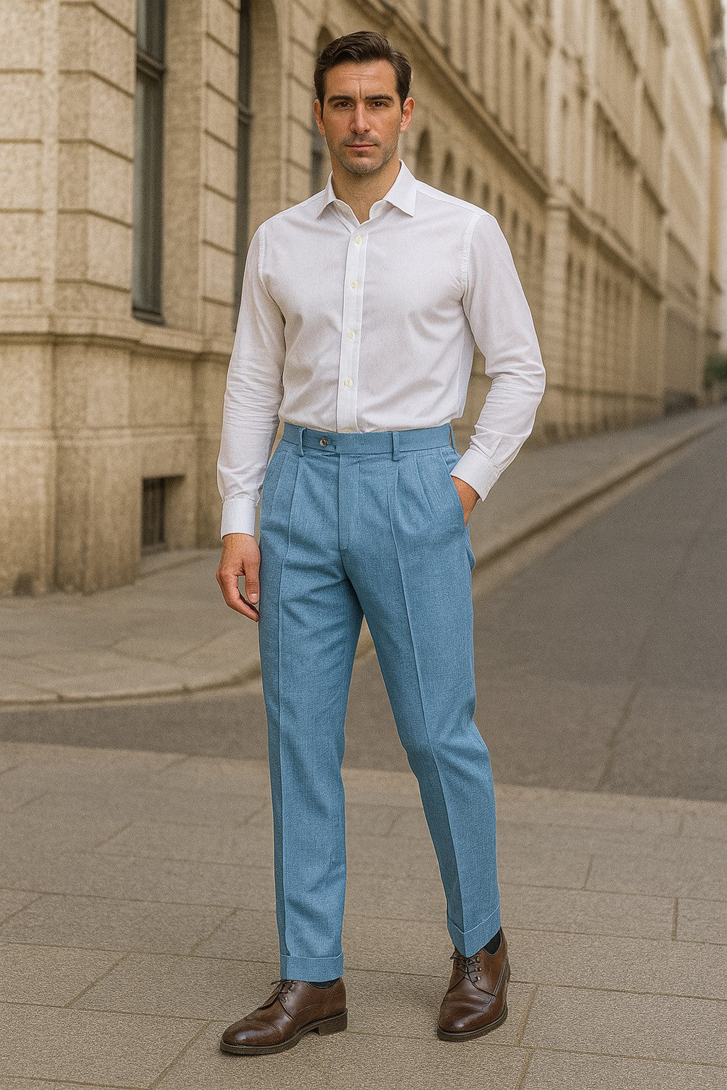 Zacchi Mens Dress Pleated Blue Slacks - Colorful Pants - dress size pants : 28 Unfinished bottom