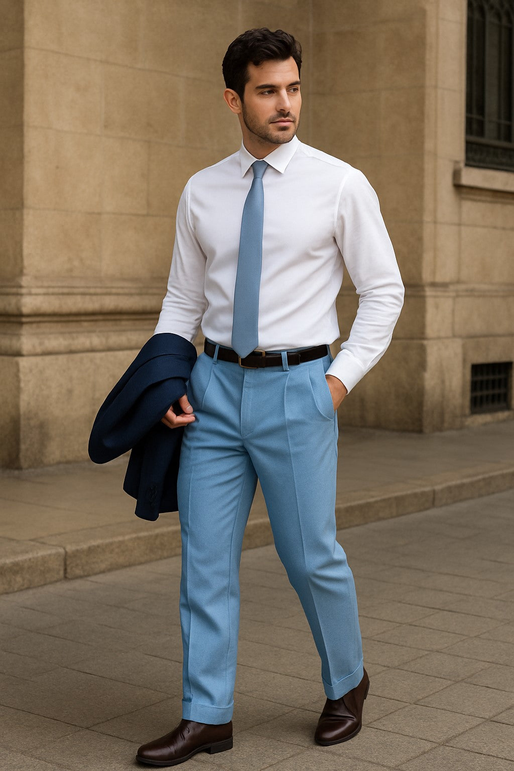 Zacchi Mens Dress Pleated Blue Slacks - Colorful Pants - dress size pants : 28 Unfinished bottom