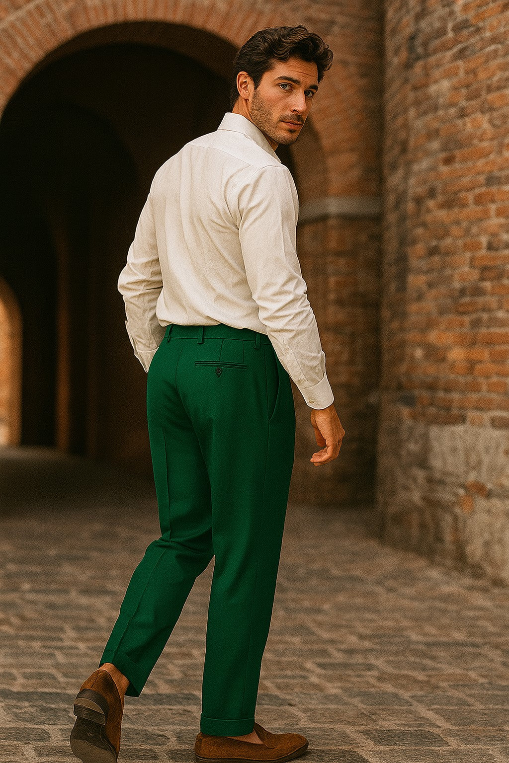 Zacchi Mens Dress Pleated Green Slacks - Colorful Pants - dress size pants : 28 Unfinished bottom