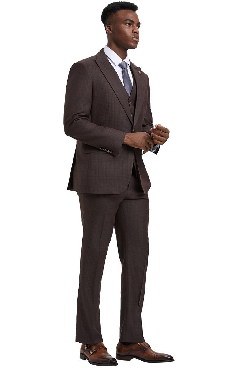 Men's Stacy Adams Vested One Button Wide Peak Lapel Windowpane Plaid Suit in Brown - 38 Regular