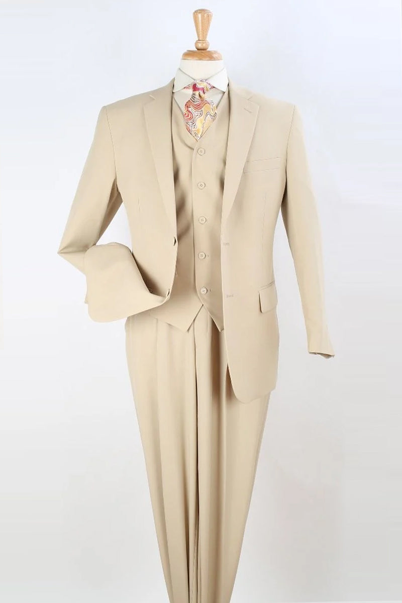 "Classic Fit Men's Vested Suit with Two Button Pleated Pant in Tan"