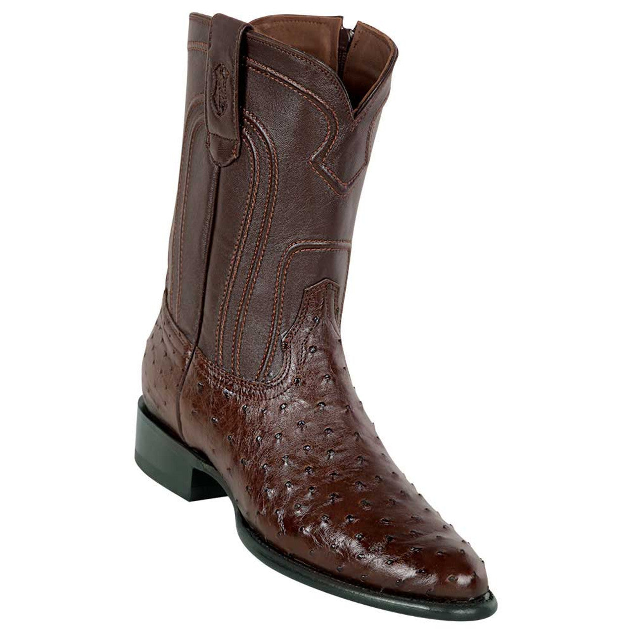 Los Altos Men’s Genuine Ostrich Brown Roper Toe Boots with Zipper - 6