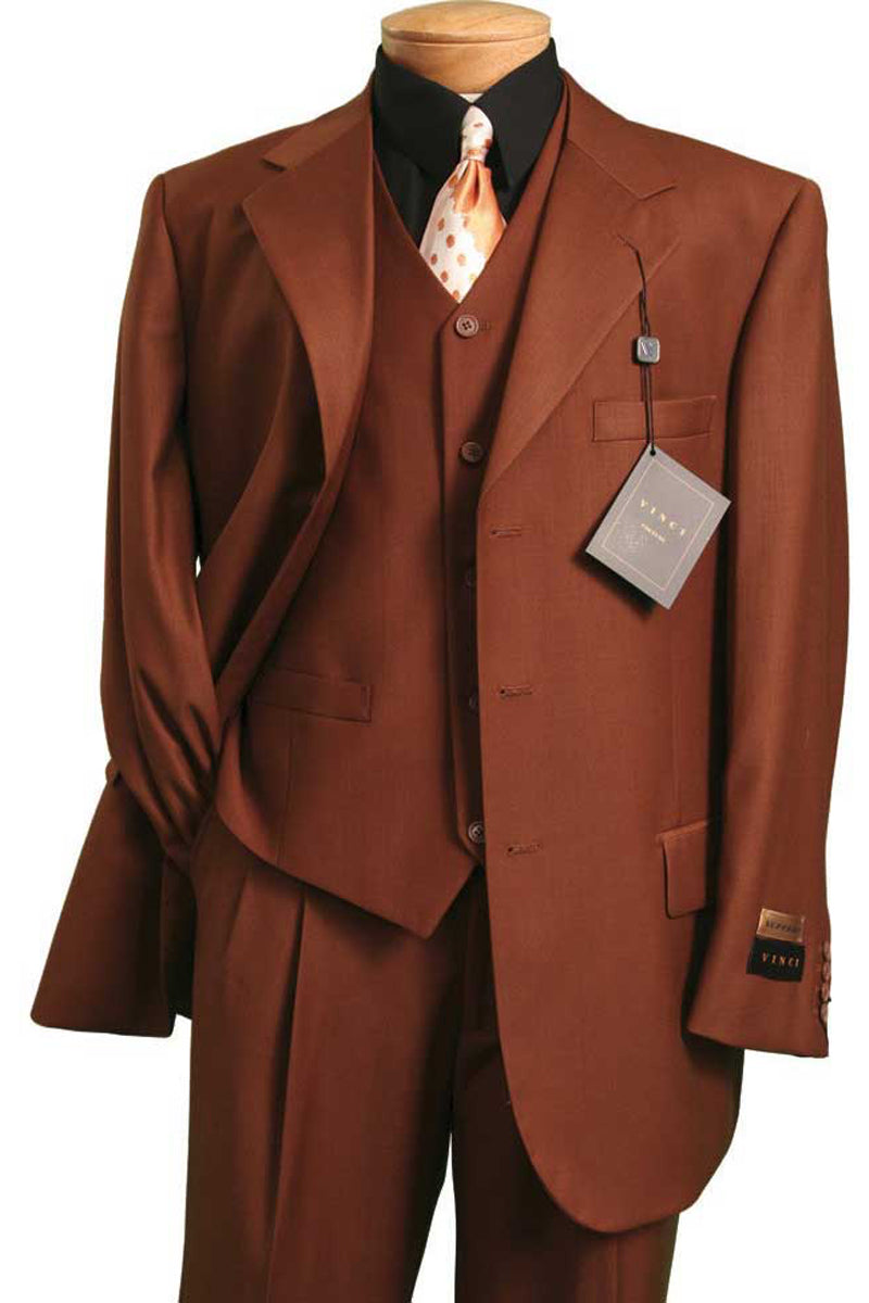 Mens 2 Button Vested Basic Wool Feel Suit in Cognac - 40 Short