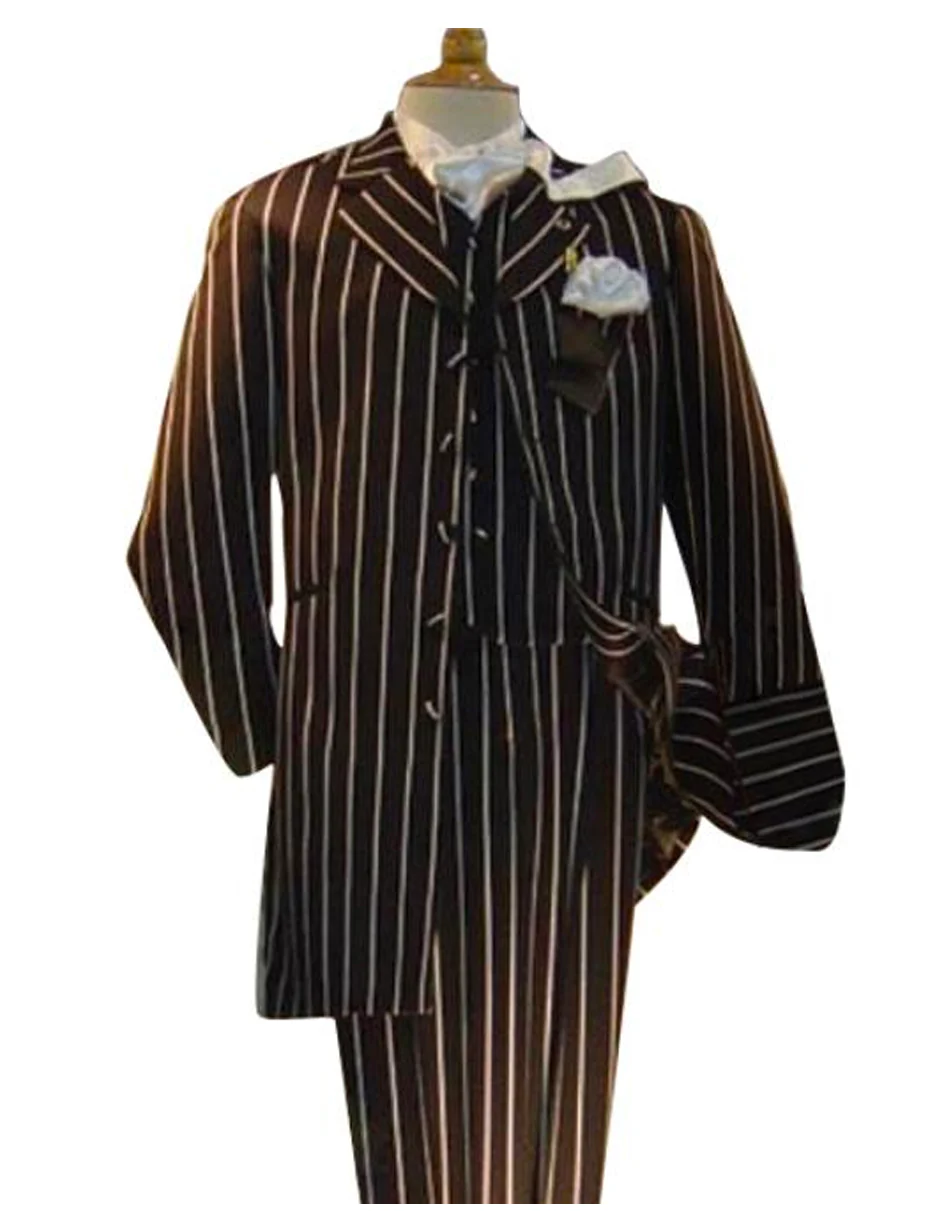 Mens Vested Gangster Bold Pinstripe Zoot Suit in Black - 38 Short Jacket+32 Waist Adjustable 28to34)(Height: 5 4 to5 7 )(Neck  15-16.5)S-M)