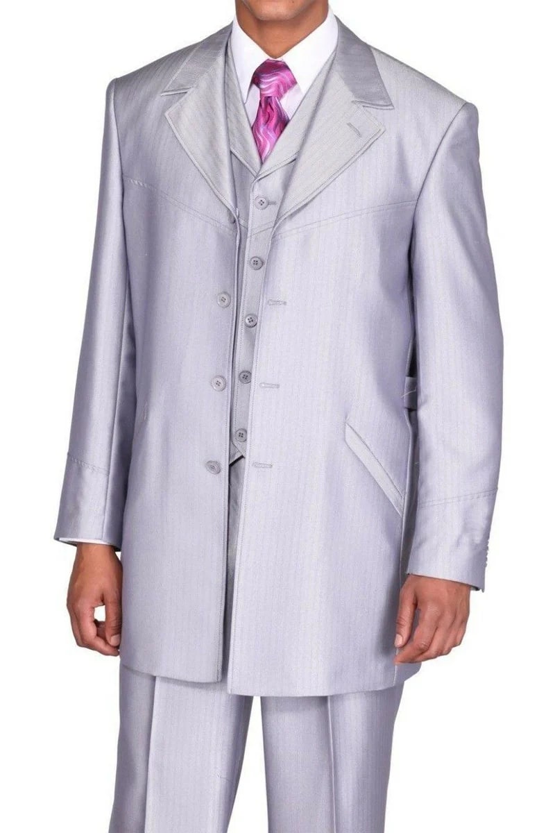 Mens 4 Button Vested Shiny Sharkskin Zoot Suit in Silver - 38 Short Jacket+32 Waist Adjustable 28to34)(Height: 5 4 to5 7 )(Neck  15-16.5)S-M)