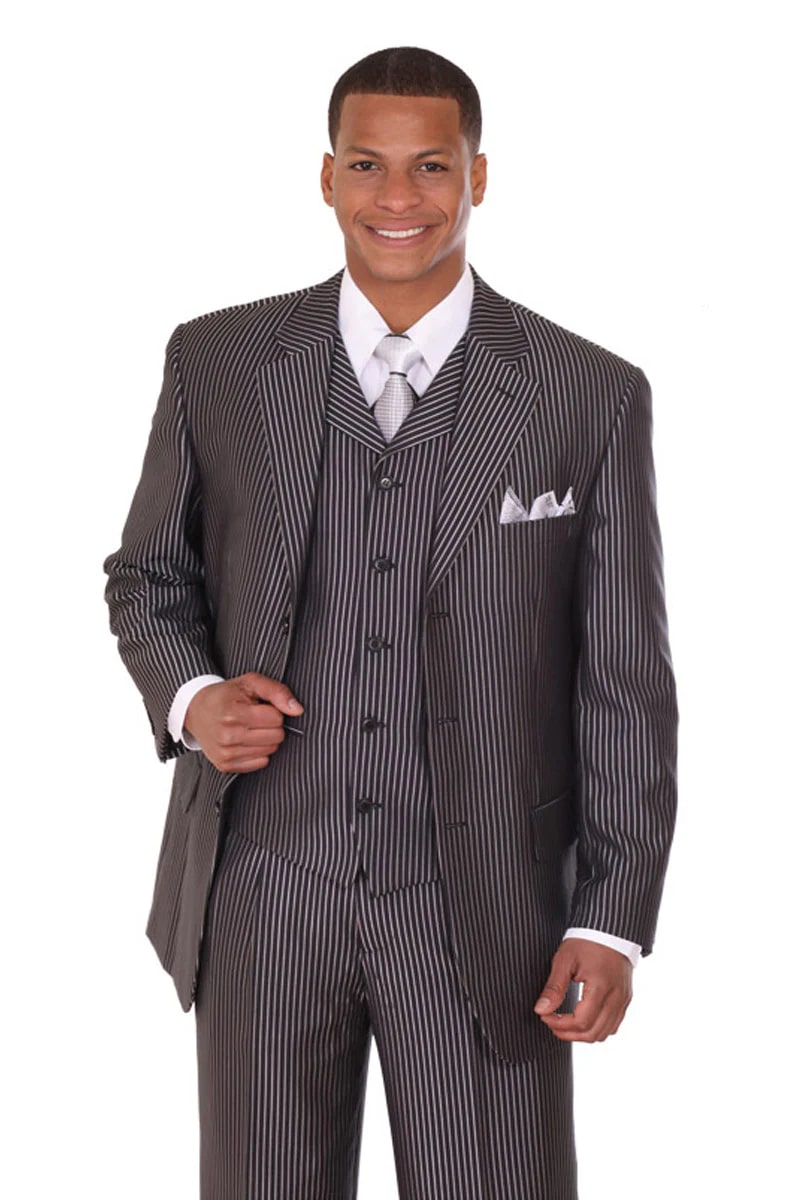 Mens 3 Button Vested Tonal Stripe Suit in Black