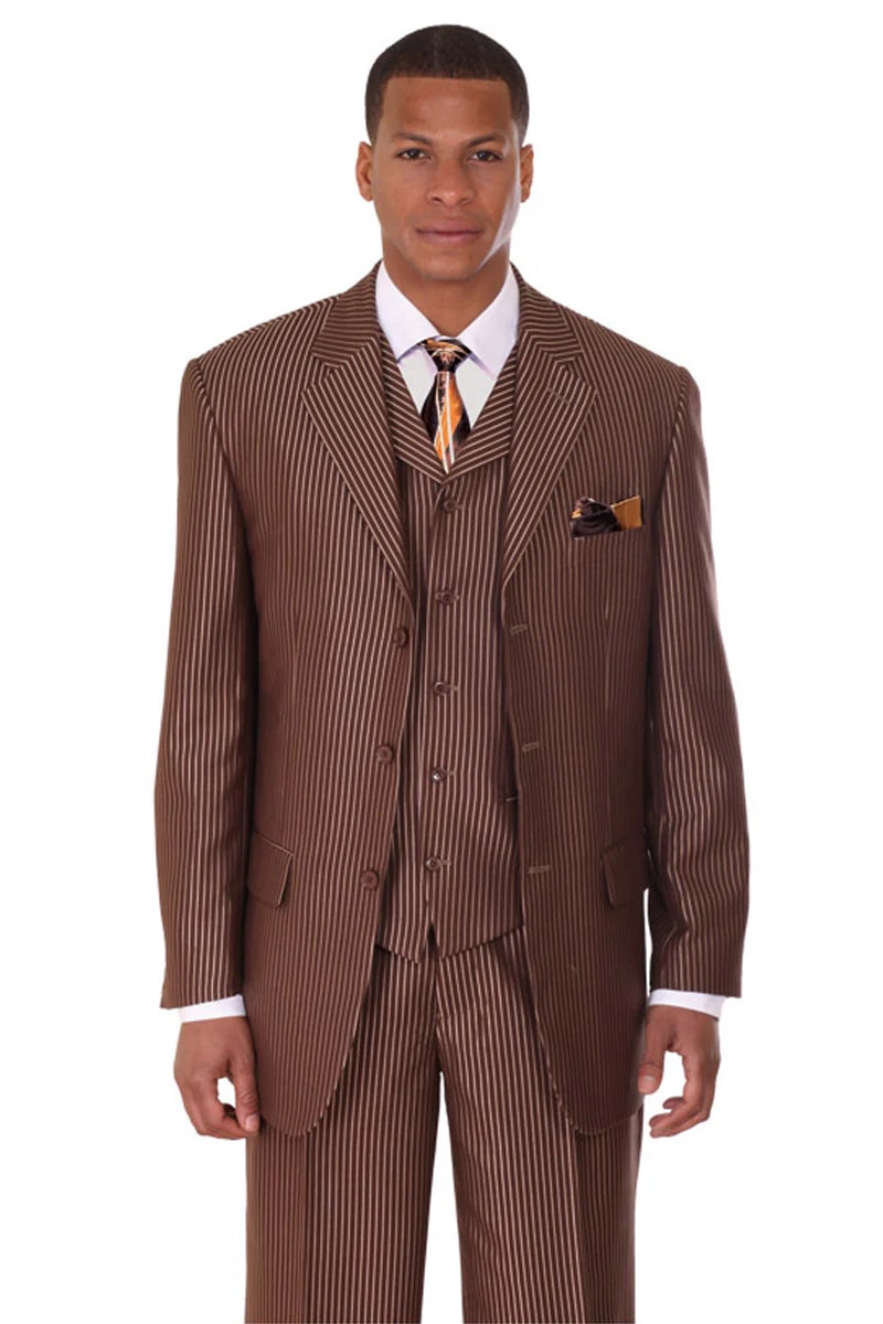 Mens 3 Button Vested Tonal Stripe Suit in Brown - 38 Short Jacket+32 Waist Adjustable 28to34)(Height: 5 4 to5 7 )(Neck  15-16.5)S-M)