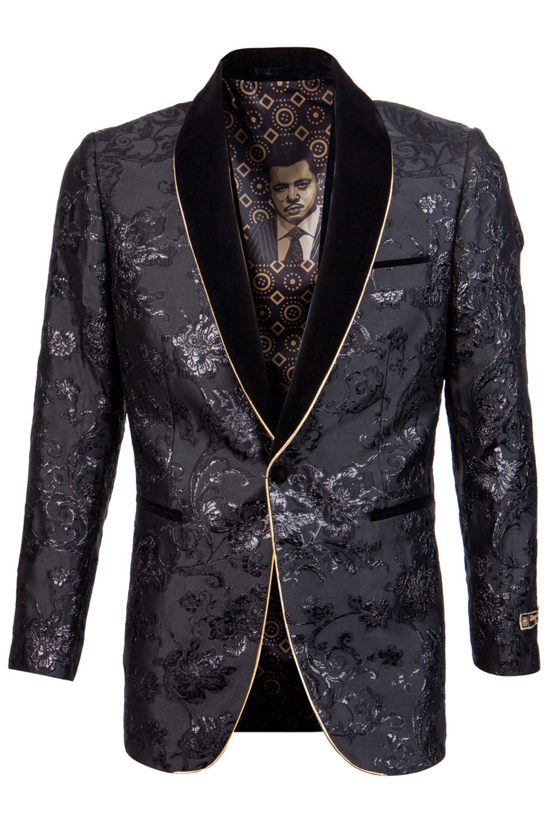 "Paisley Prom Tuxedo Jacket - Men's Velvet Shawl Lapel, Black with Gold Trim"