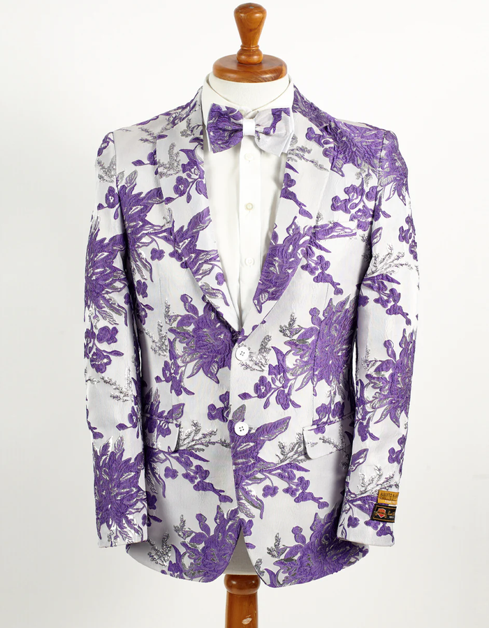 Mens 2 Button White & Lavender Purple Floral Paisley Prom 2026 and Wedding Blazer - For Men  Fashion Perfect For Wedding or Prom 2026 or Business  or Church