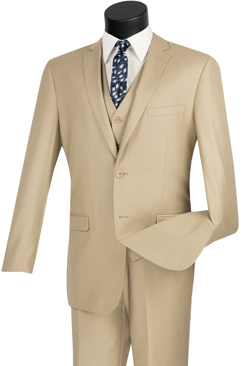 Mens Vested Slim Fit Wool Feel Suit in Beige - 36 Short