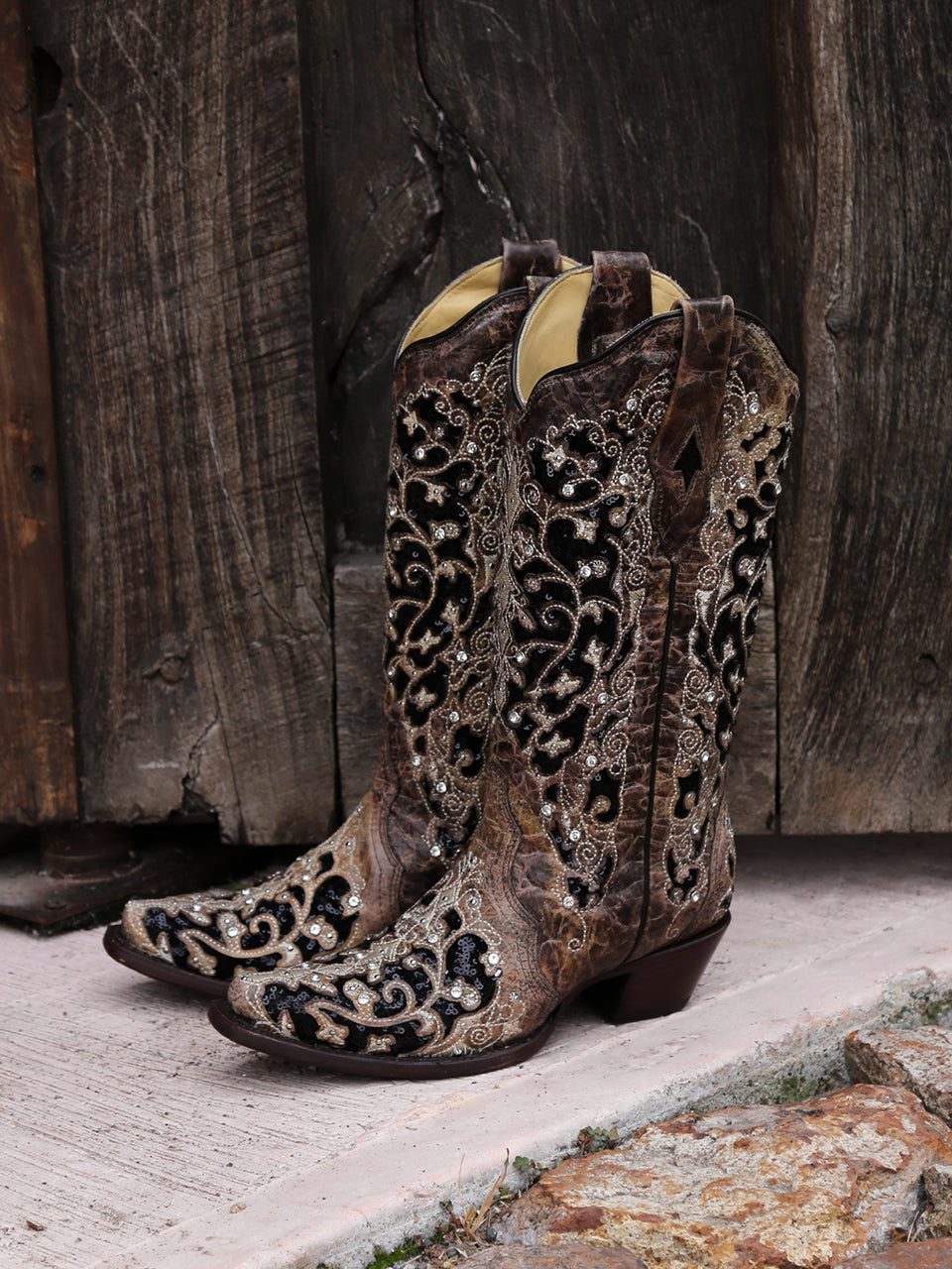Corral Women's Black Glitter Inlay Crystal Snip Toe Cowboy Boots - 5