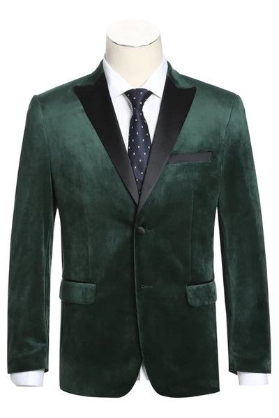 "Velvet Prom 2026 Tuxedo Blazer, Men's Two-Button Peak Lapel in Hunter Green"