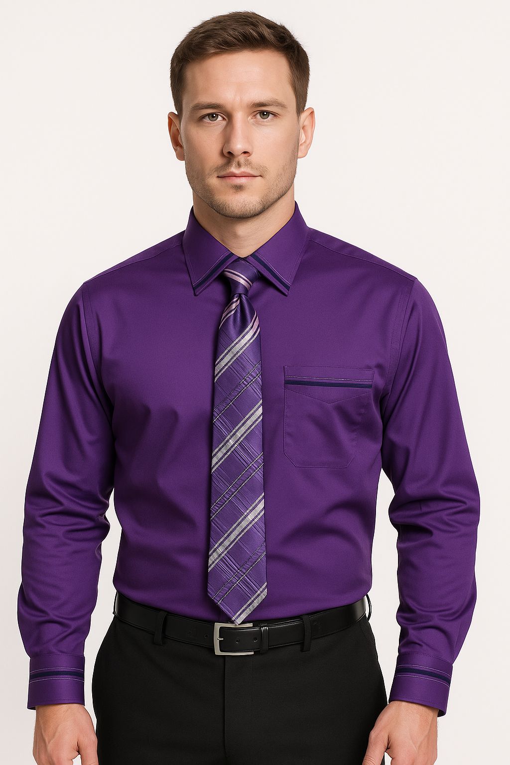 French Cuff With Tie And Handkerchief Style Multi-Color Men's Dress Shirt - Medium 15.5” Neck / 34-35” Sleeve