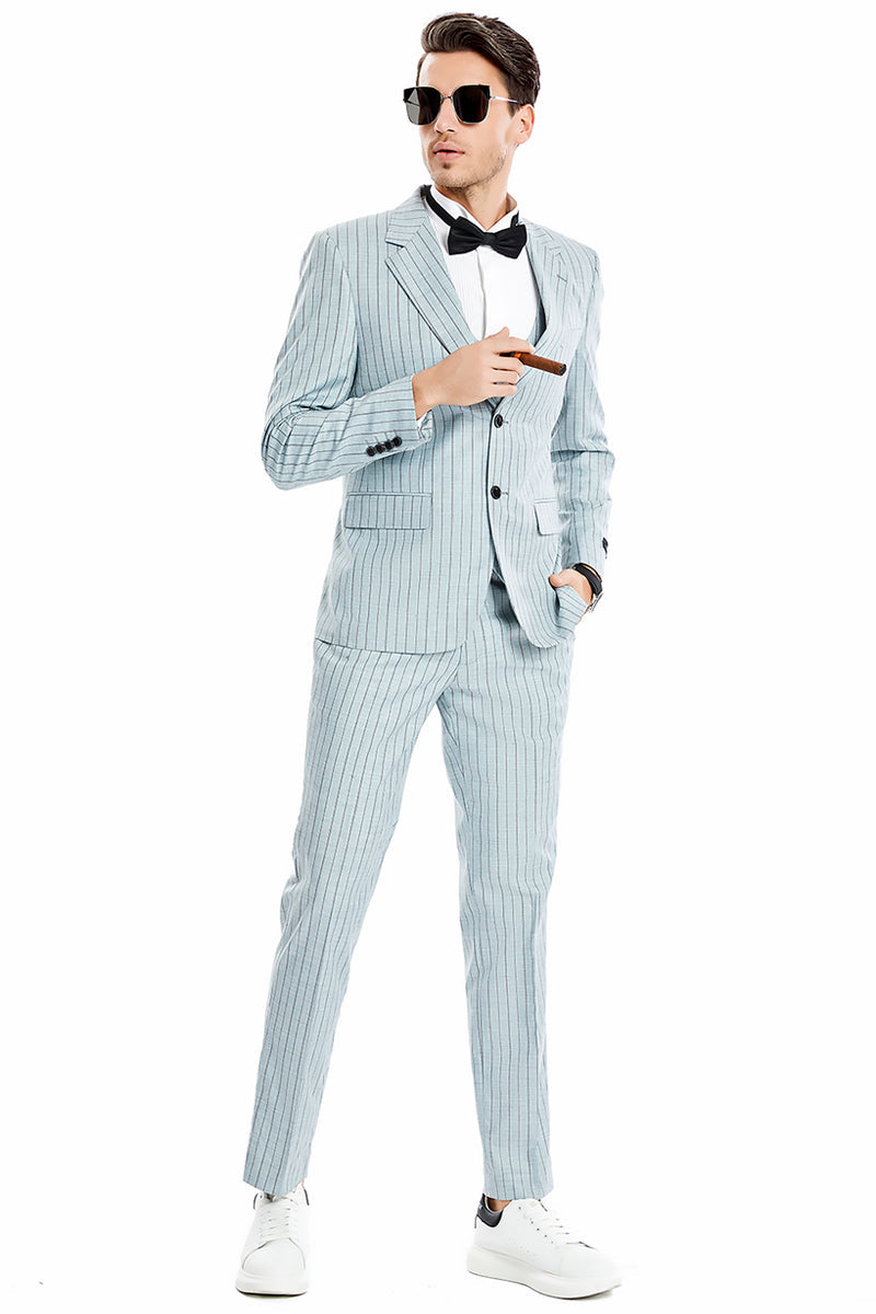 "Vintage Pinstripe Suit for Men - Two Button, Wide Notch Lapel, Vested in Mint Grey"