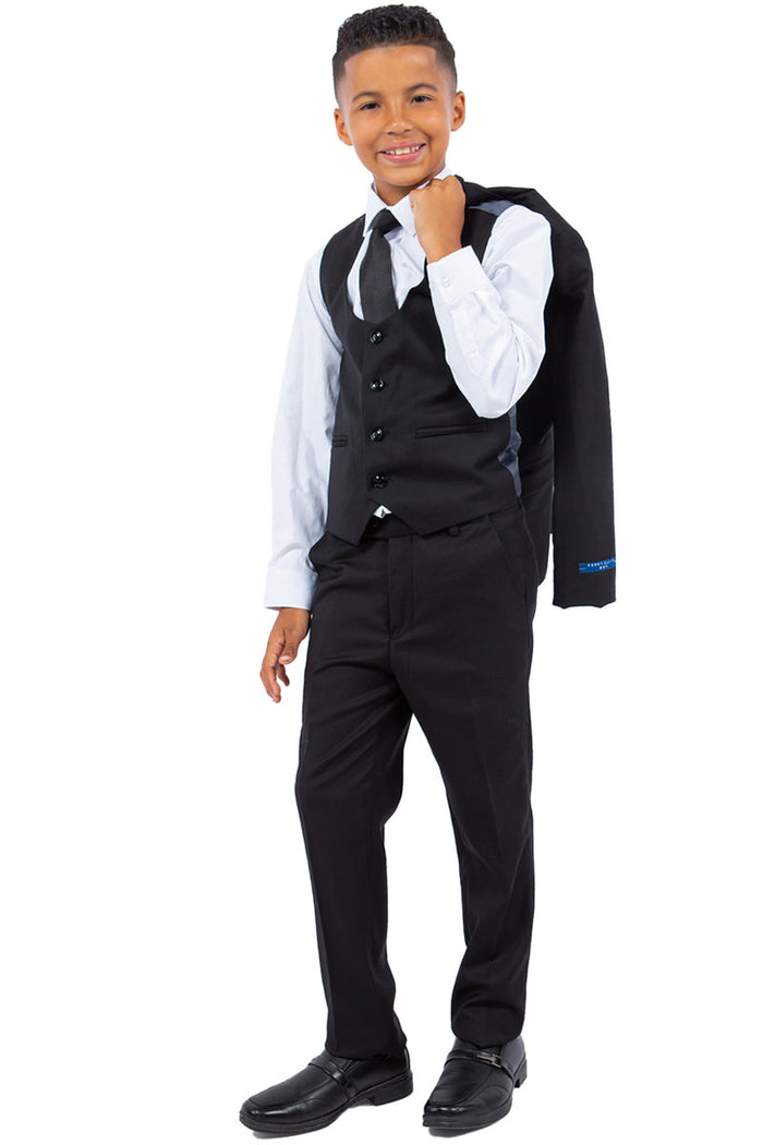 "Perry Ellis Black Vested Wedding Suit for Boys"