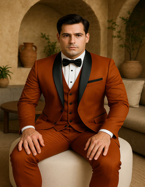 Men's Burnt Orange Tuxedo Suit â€“ 3-Piece Slim Fit with Black Satin Shawl Lapel