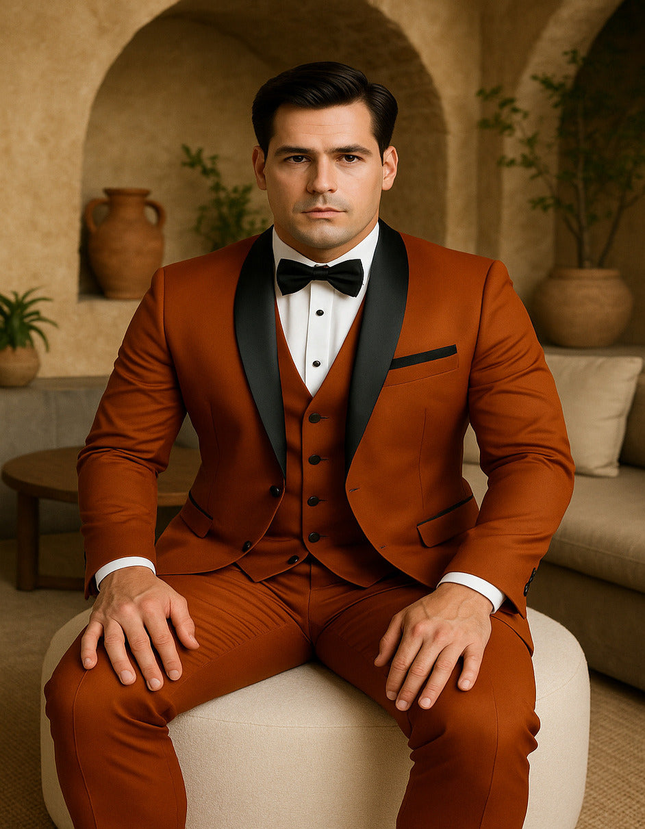 Men's Burnt Orange Tuxedo Suit â€“ 3-Piece Slim Fit with Black Satin Shawl Lapel - 34 Short or Extra Small