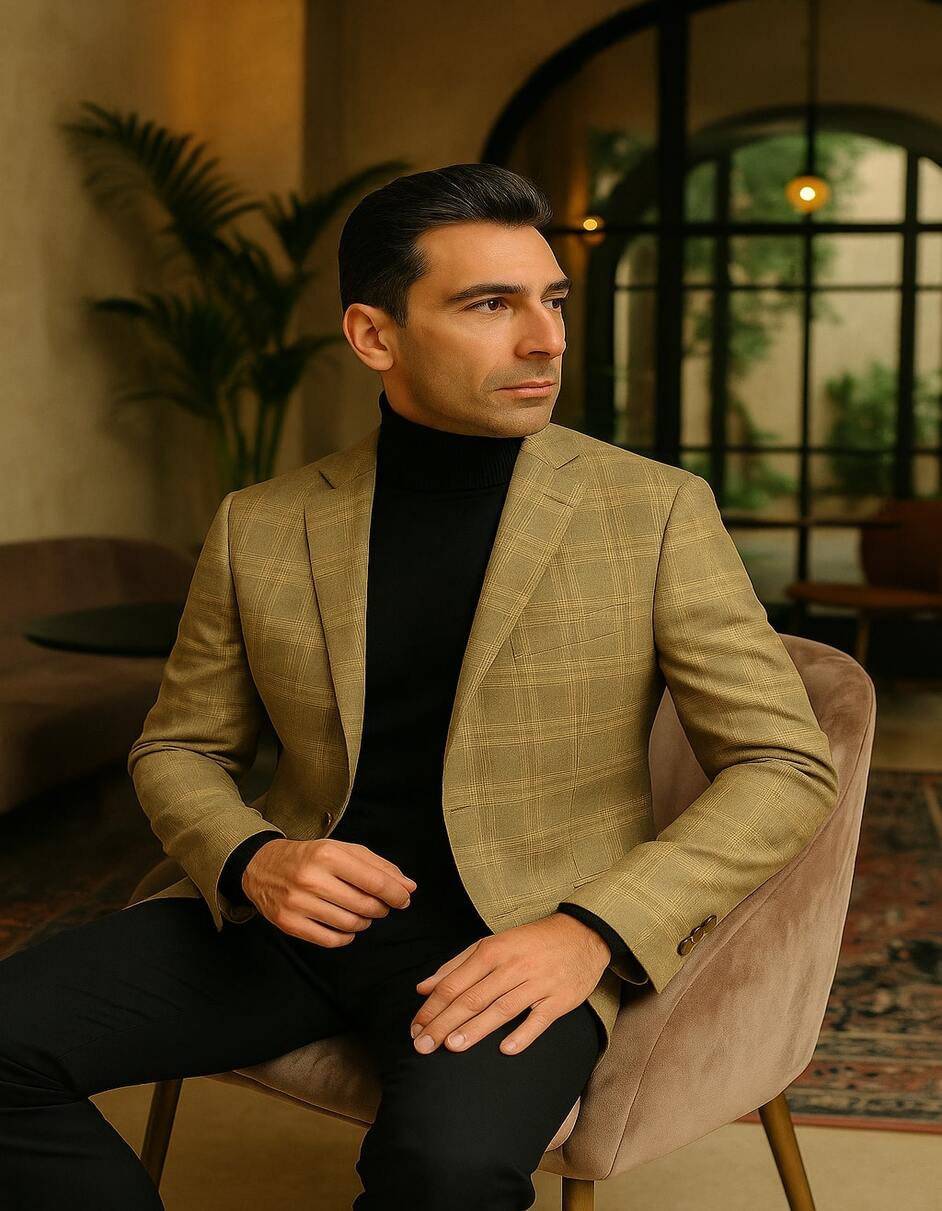 Men's Light Brown Plaid Sport Coat – Classic Check Blazer for Business and Casual Wear in Tan Windowpane Taupe Color - 38 Short