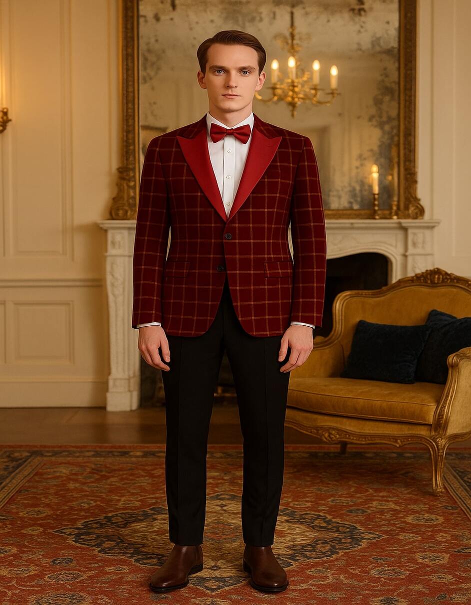 Men's Red Velvet Plaid Blazer with Satin Lapel â€“ Designer Tartan Suit Jacket for Holidays and Events - 38 Short