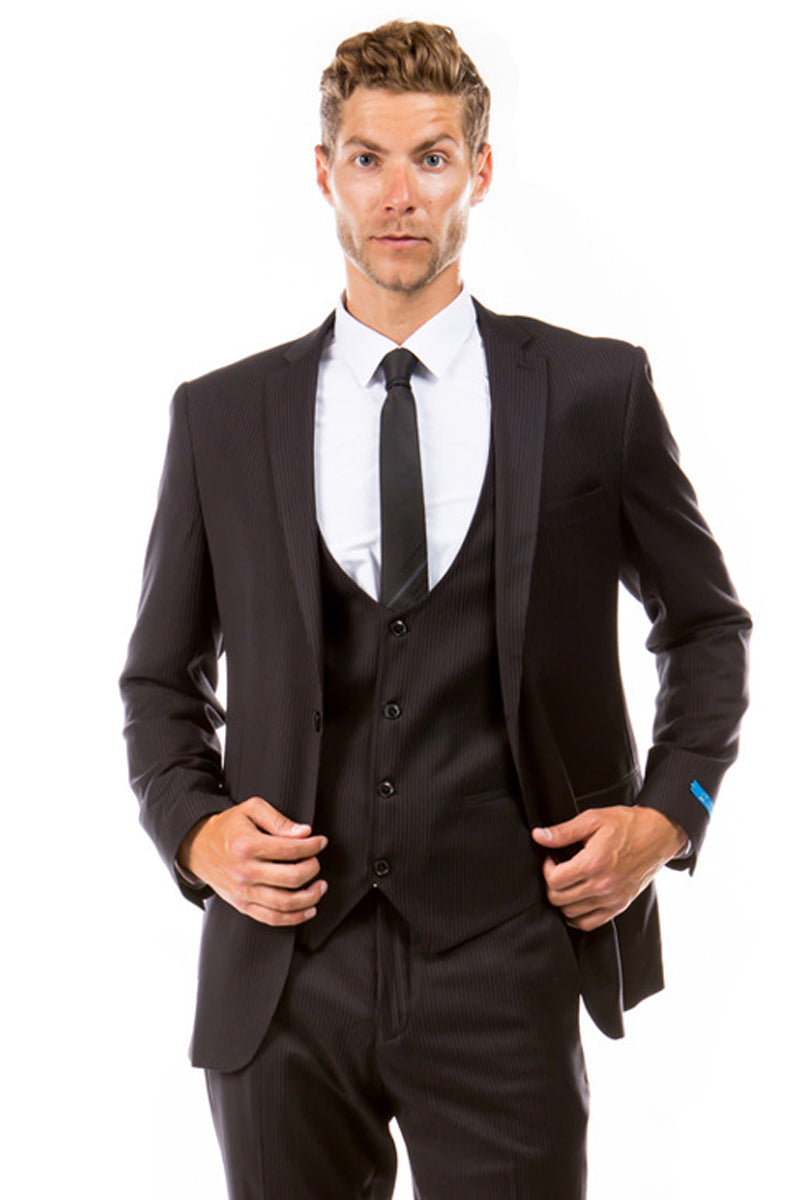 "Black Hybrid Fit Men's Business Suit - Two Button Vested Micro Mini Pinstripe"