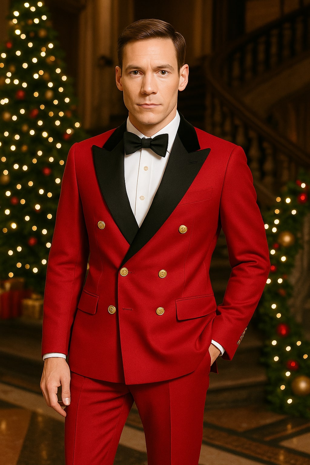 Men's Red Double-Breasted Wedding Tuxedo with Black Velvet Lapel and Gold Buttons - Christmas New Year Suit - 34 Short or Extra Small