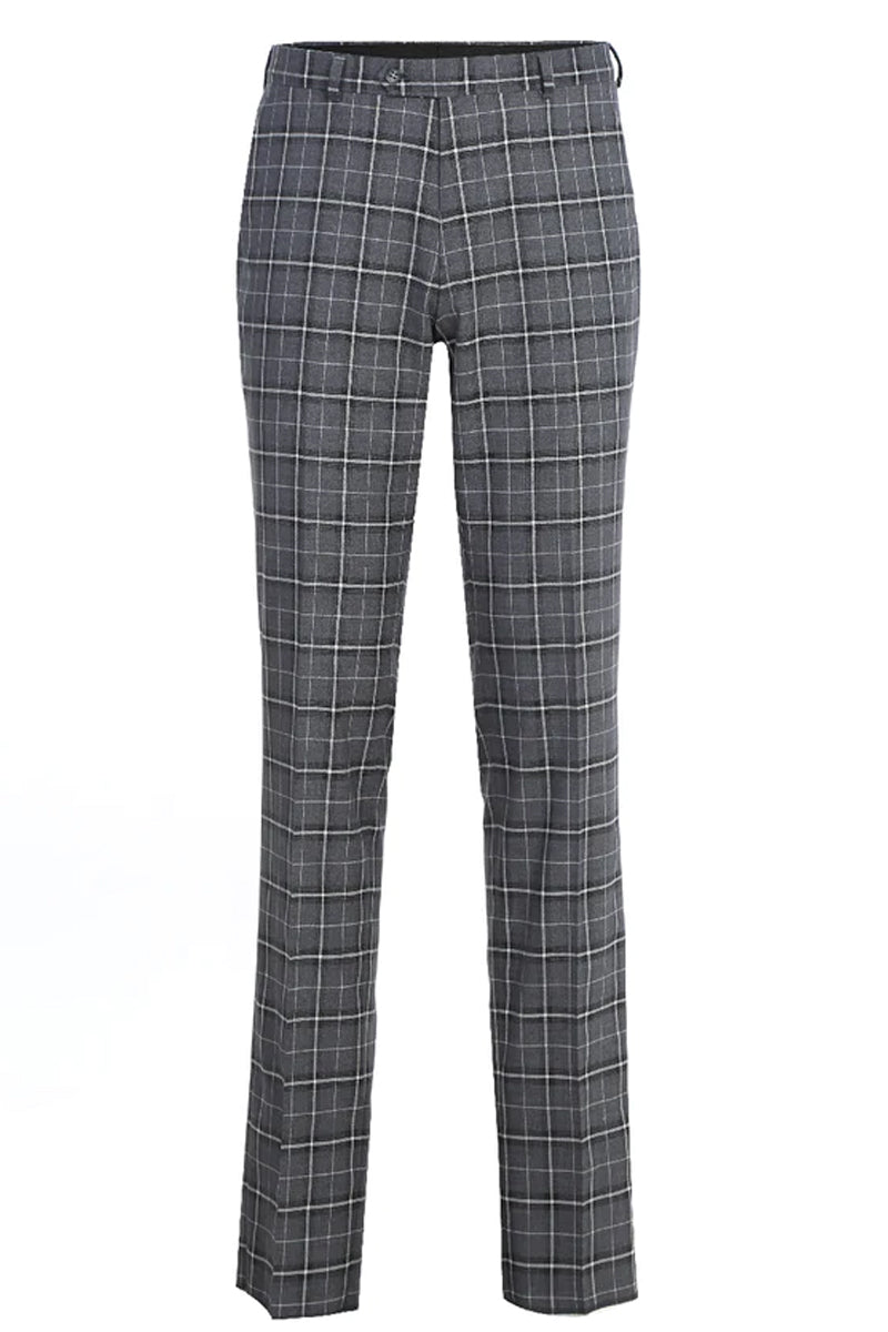 "Charcoal Grey Slim Fit Two Button Men's Suit - Bold Windowpane Plaid" - 34 Short