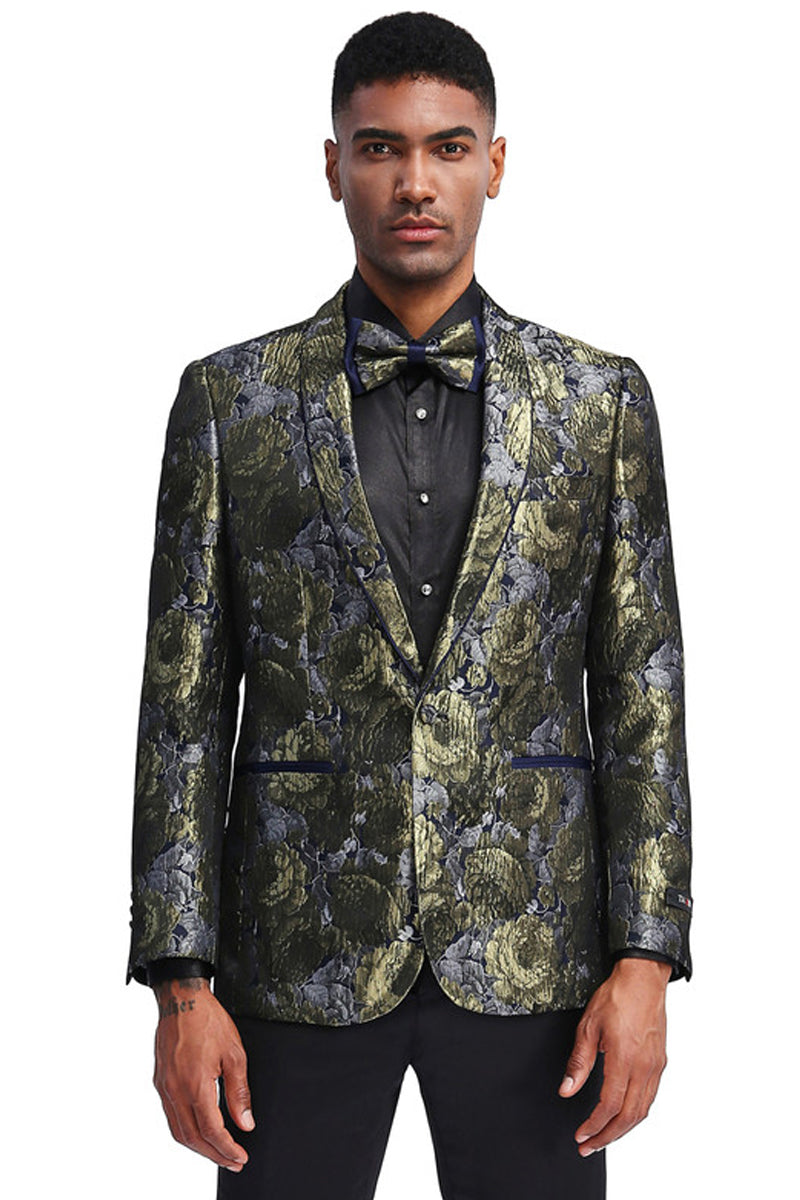 "Men's Slim Fit Metallic Paisley Dinner Jacket - Silver & Gold Prom Shawl"