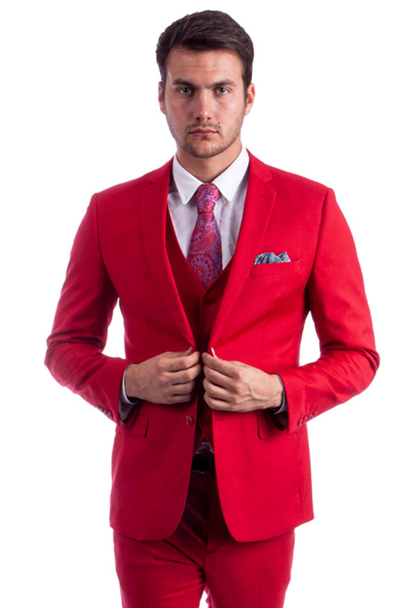 "Red Slim Fit Men's Suit - Two Button Vested Solid Basic Color"