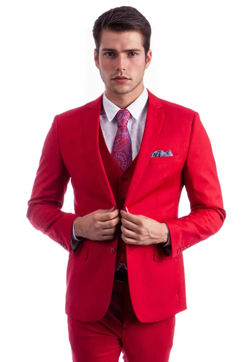 "Red Slim Fit Men's Suit - Two Button Vested Solid Basic Color" - 34 Short