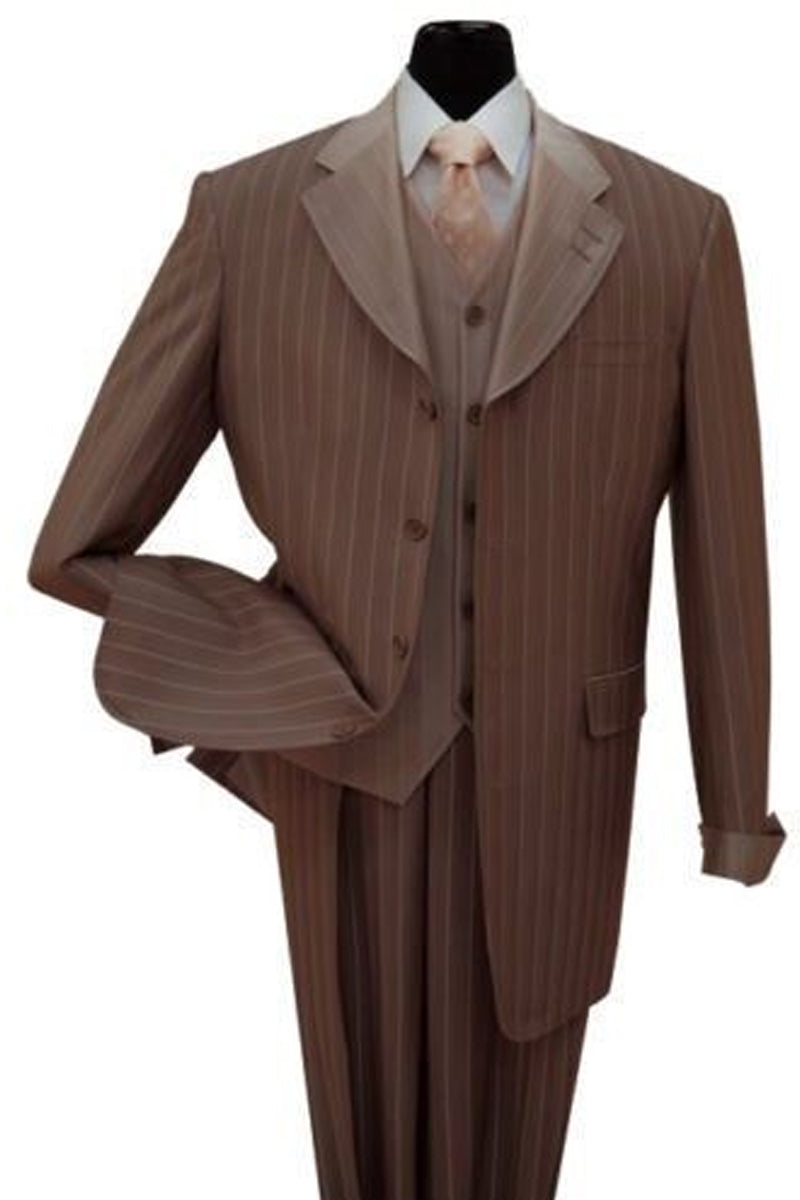 "Sharkskin Pinstripe Men's Zoot Suit with Vest - Brown Fashion"