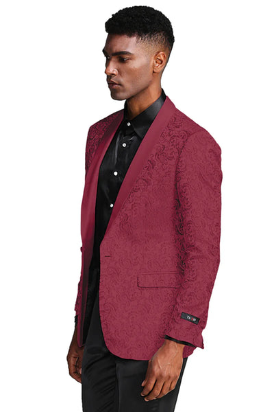 Burgundy paisley slim fit tuxedo jacket â€“ men's wedding & prom blazer with satin shawl lapel