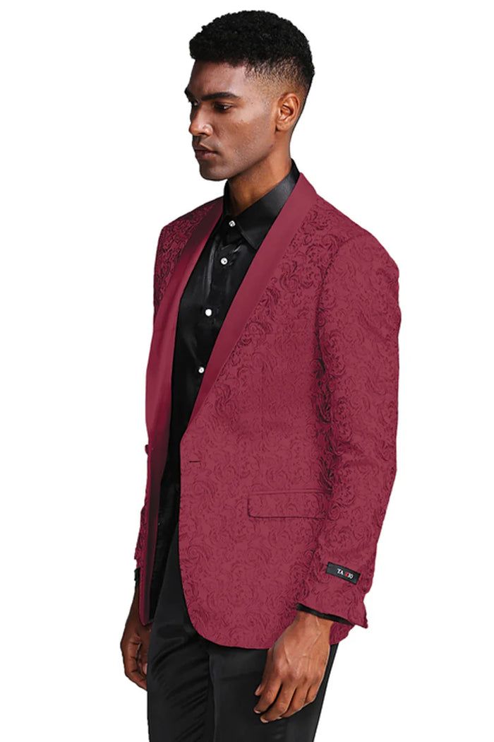 Burgundy paisley slim fit tuxedo jacket â€“ men's wedding & prom blazer with satin shawl lapel