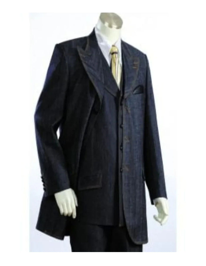 Accents Canto Men's 3 Piece Denim Suit Leather Accents Designer Finish