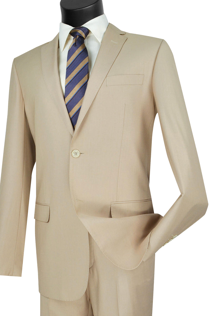 Mens 2 Button Wool Feel Slim Fit Suit in Light Beige - 36 Short