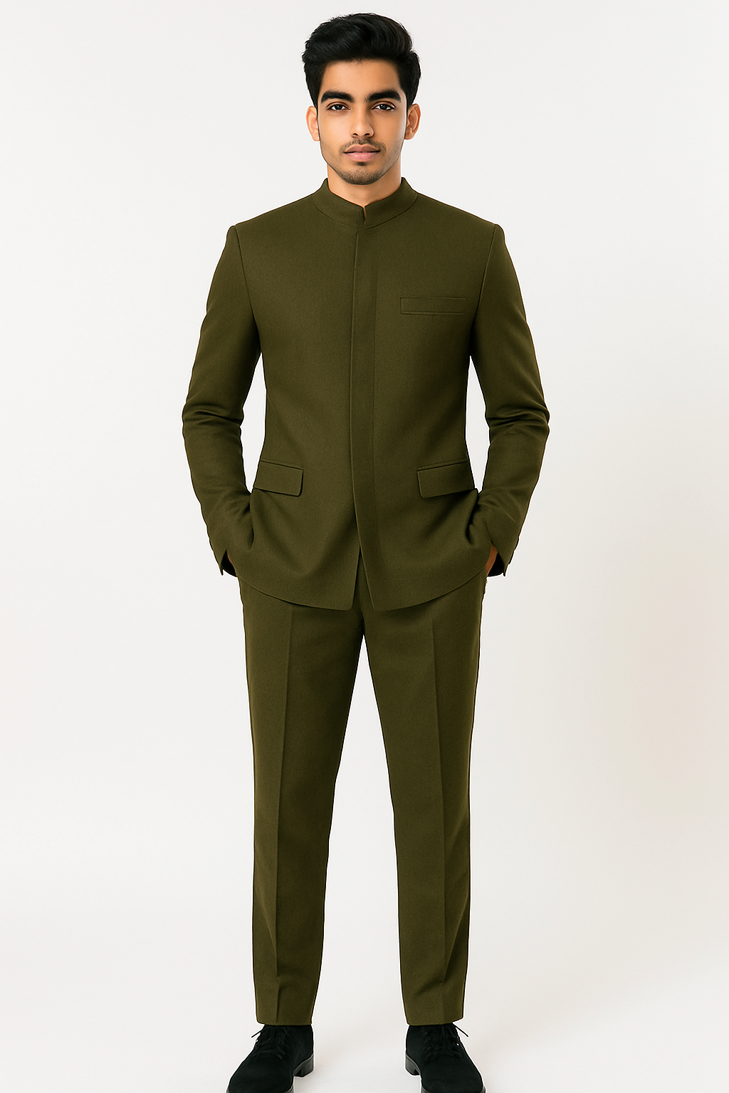 Cheap Priced Suit  - Mens Mandarin Banded Collar French Front Green Suit - 38 Short Jacket+32 Waist Adjustable 28to34)(Height: 5 4 to5 7 )(Neck  15-16.5)S-M)