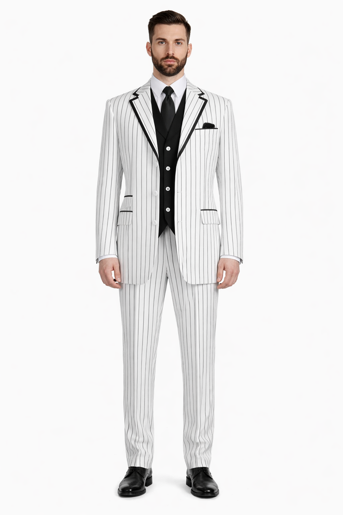 Cheap Priced Suit  - Mens 3 Button Vested Barbershop Quartet Suin In White With Black Turquoise Pinstripes