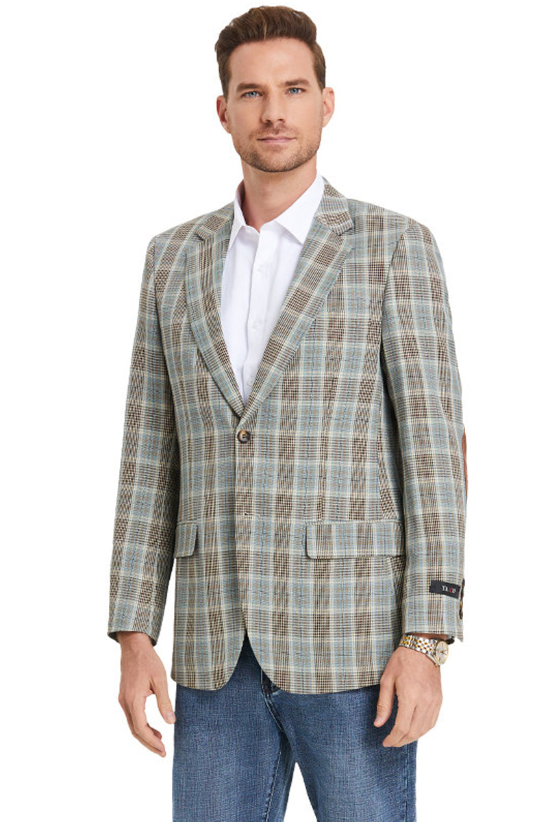 Glen Plaid Men's Slim Fit Business Sport Coat - Two Button Camel Style - X-Small