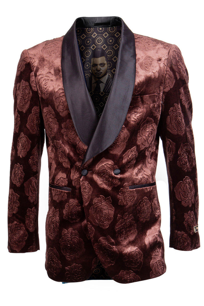 "Men's Velvet Smoking Jacket - Double Breasted Floral Rose Print in Rust"