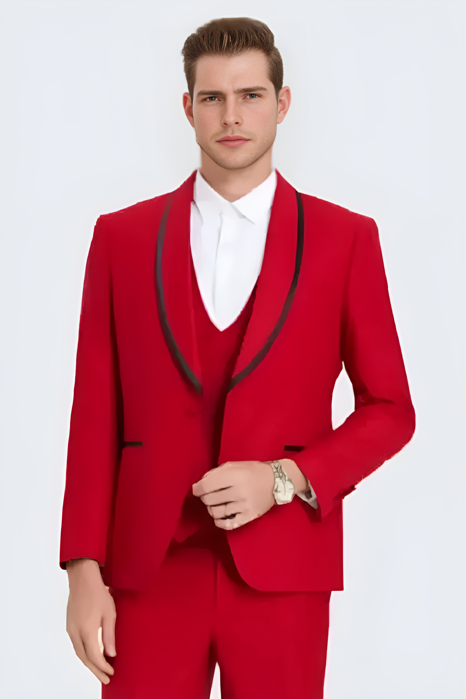 Red Textured Tuxedo with Satin Trim Four Piece Set - Wedding - Prom 2025 - 34 Short or Extra Small