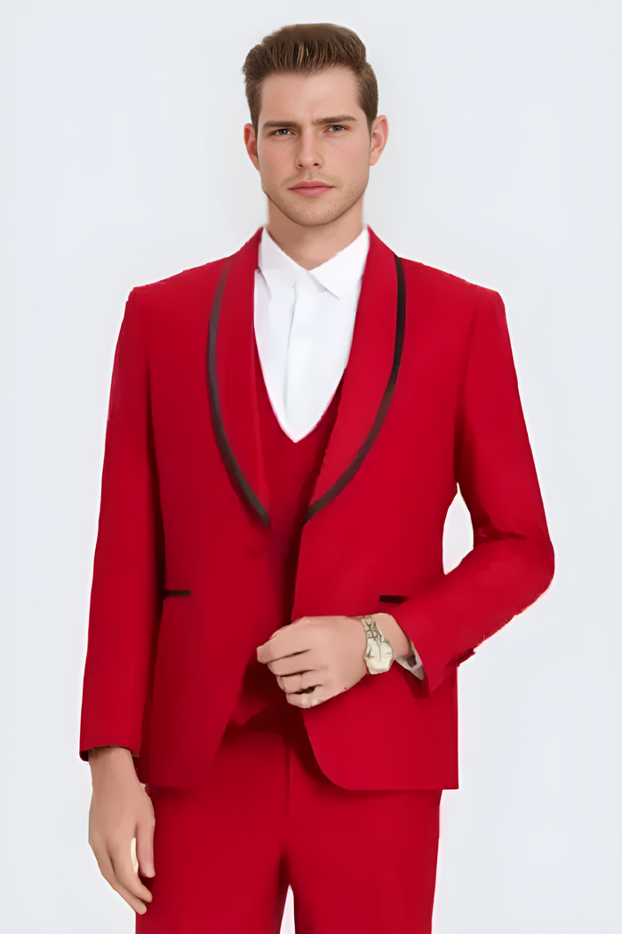 Red Textured Tuxedo with Satin Trim Four Piece Set - Wedding - Prom 2026