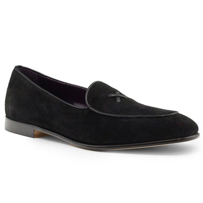 Zelli Hand-Stitched Sueded Goatskin Loafer with Crocodile Vamp in Black