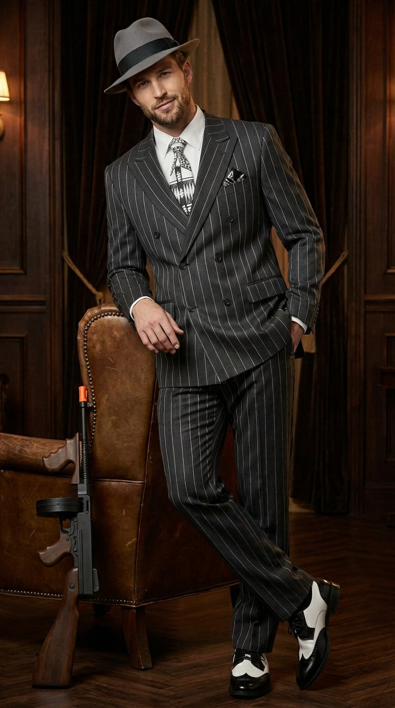 Mens Black Pinstripe AI Capone Suit – Vintage 1920s Gangster Style Three Piece Formal Suit - 34 Short or Extra Small