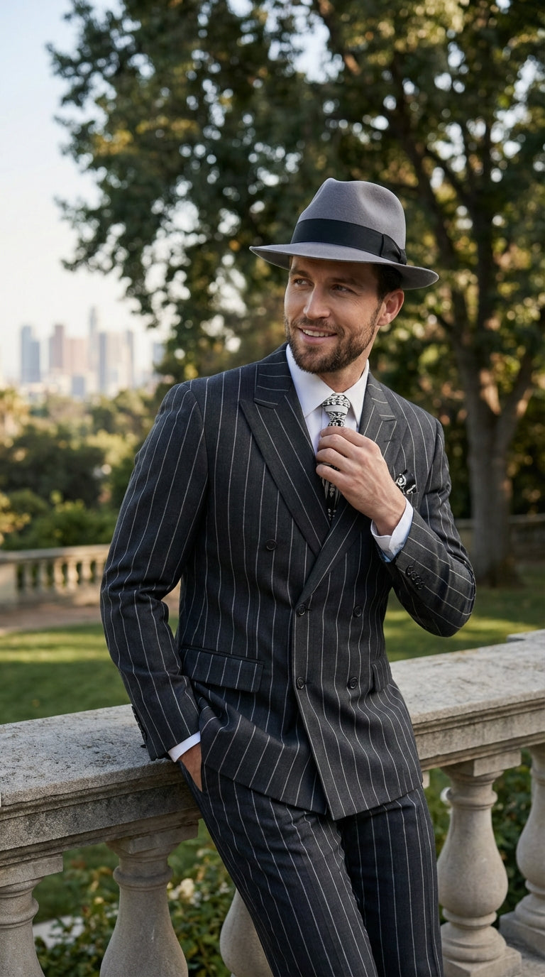 Mens Black Pinstripe AI Capone Suit – Vintage 1920s Gangster Style Three Piece Formal Suit - 34 Short or Extra Small