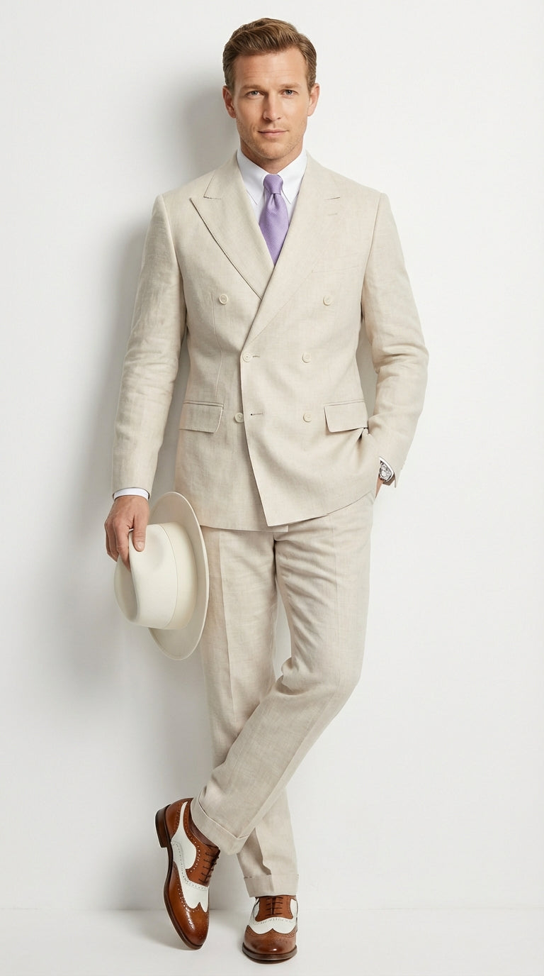 Mens Ivory Off White Double Breasted AI Capone Suit – Classic 1920s Vintage Gangster Style Formal Suit - 34 Short or Extra Small