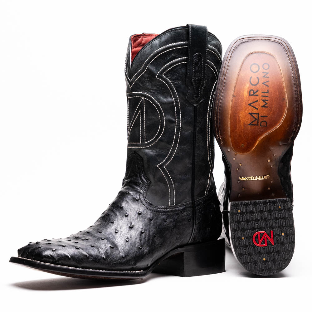 Marco Di Milano Alabama Black Ostrich Quill Square Toe Cowboy Boots - 7