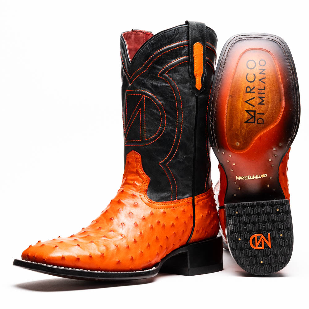 Marco Di Milano Alabama Orange Ostrich Quill Square Toe Cowboy Boots - 7