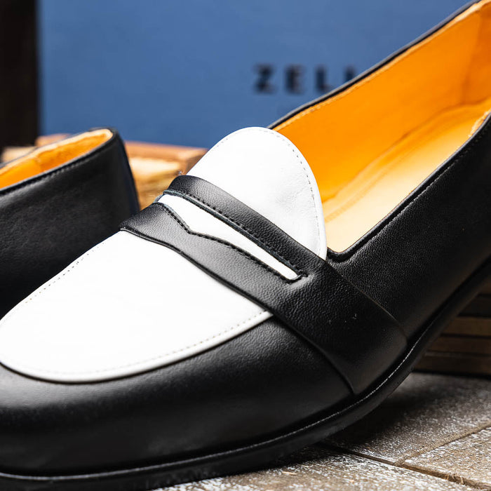 Zelli Alba Calfskin Spectator Penny Loafers in Black and White