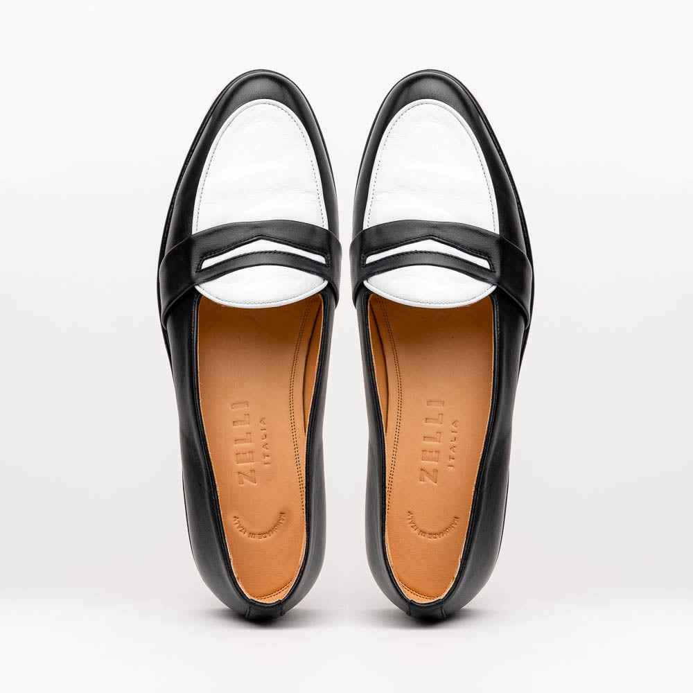 Zelli Alba Calfskin Spectator Penny Loafers in Black and White
